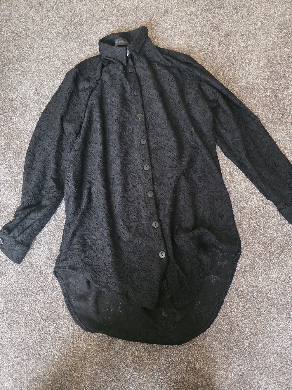 Women's Black Lace Button-Down Shirt - Elegant Longline Blouse